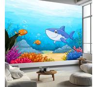 Cartoon Marine Life Shark Coral Non-Woven Wallpaper 400 x 280 cm Bedroom Wall Mural, Blue Photo Wallpaper Poster Wall Covering for Children’s Room Home Restaurant Living Room Hallway