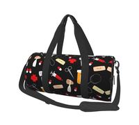 Cartoon Medicine Pattern Large Round Travel Duffle Bag, Full-Print Canvas Weekender with Padded Lining, Multiple Pockets,Detachable Shoulder Strap and Soft Leather Handles