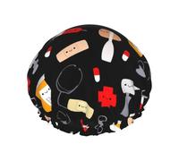Cartoon Medicine Pattern Print Shower Cap,Elastic And Reusable Bath Hair Hat For Long Hair,Large Waterproof Shower Bonnet,For Women Men Kids