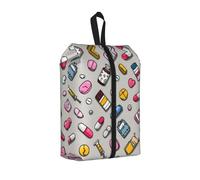 Cartoon Medicine Printed Travel Shoe Storage Bag Waterproof Jacquard Fabric is Lightweight, with Strong Handle and Central Zipper.