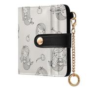 Cartoon Mermaids White Pattern Small Women Wallet PU Leather RFID Blocking Bifold Compact Card Holder with Coin Pocket Zipper Purse for Ladies Girls Women