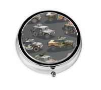 Cartoon Military Vehicle Pattern Round Pill Box with 3 Compartments, Mini Metal Pill Organizer for Purse or Pocket, Lightweight Portable for Daily Use Gifts Travel
