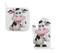 Cartoon Milk Cow Oven Mitts & Pot Holders Set - 2 Pcs Heat Resistant Oven Gloves with Hanging Loop, Kitchen Potholder for Cooking, Baking, BBQ, Microwave