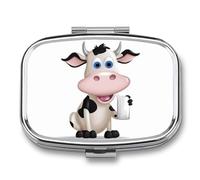Cartoon Milk Cow Pill Box 2 Compartment, Portable Pill Case with Mirror for Pocket Purse Travel, Mini Metal Medicine Organizer for Vitamins Fish Oil