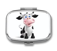Cartoon Milk Cow Pill Box 2 Compartment, Portable Pill Case with Mirror for Pocket Purse Travel, Mini Metal Medicine Organizer for Vitamins Fish Oil