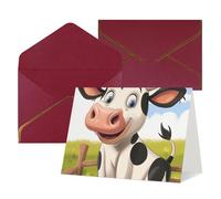 Cartoon Milk Cow Printed Pearl Paper Greeting Card, Dark Red - Folded Blank Cards with Gold Trim for Weddings, Birthdays, Christmas