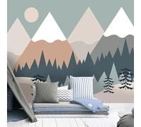 Cartoon Minimalist Mountain Peaks Woodland Sunrise 3D Wallpaper Textured Silk Easy Install Living Room Sofa Bedroom Dining Room Home Decoration Wall-350cm×256cm