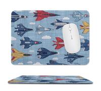 Cartoon Modern Airplane Non-Slip Mousepad,Minimalist Colorful Blue Plaid Clouds Fighter Jet Aircraft with Most Types of Mouse,Stitched Edges for Decoration 20x24 cm