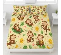 Cartoon Monkey Fitted Sheet Sunny Jungle Cute Animal Bedding Set 30 cm Deep Pocket Microfiber Breathable Bed Sheet Super King for Kids Teens Room Decoration 180 x 200 cm