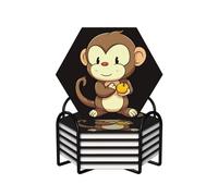 Cartoon Monkey Holding Fruit Coasters Set of 6 Ceramic Coaster with Holder Absorbent Coasters for Drinks Heat Resistant Coffee Table Coasters Cup Pad for Kitchen Office Home Decoration