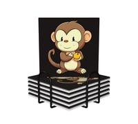 Cartoon Monkey Holding Fruit Coasters Set of 6 Ceramic Coaster with Holder Absorbent Coasters for Drinks Heat Resistant Coffee Table Coasters Cup Pad for Kitchen Office Home Decoration