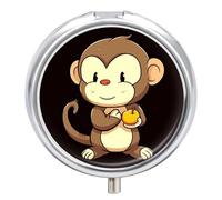 Cartoon Monkey Holding Fruit Pill Box, 3 Compartment Small Pill Case Waterproof Travel Pill Organizer for Pocket Or Purse Portable Mini Medicine Tablet Vitamin Holder Pill Case