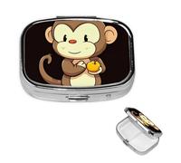 Cartoon Monkey Holding Fruit Pill Case Portable Square Pill Box 2 Compartment Pill Organizer Cute Travel Pill Container Vitamin Organizer for Purse Pocket Travel Gift