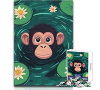 Cartoon Monkey in Lily Pond Illustration Jigsaw Puzzles for Teenagers 1000 Brain Teaser Educational Game Memorable Heartfelt Gift Option Size 38x26cm
