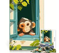 Cartoon Monkey Peeking Out Window 1000 Piece Jigsaws for Adults Puzzle Brain Wellness Time Well Spent Perfect Lock Birthday Present (38x26cm)