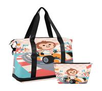 Cartoon Monkey Racing Race Red Foldable Travel Tote Bag Carry On Personal Item Bag with Toiletry Bag for Business Trips