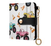 Cartoon Monster Truck White Pattern Small Women Wallet PU Leather RFID Blocking Bifold Compact Card Holder with Coin Pocket Zipper Purse for Ladies Women Girls