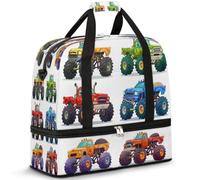 Cartoon Monster Trucks Travel Duffle Bag for Women Men Weekend Overnight Bags Foldable Wet Seperated 47 L Tote Bag for Sports Gym Yoga