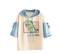 Cartoon Monster Womens Hoodie Girls’Cute Dinosaur Short Sleeve Sweatshirts Japanese Kawaii Multicolored Pullover Blue