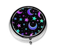 Cartoon Moon Star Space Round Pill Box with 3 Compartments, Mini Metal Pill Organizer for Purse or Pocket, Lightweight Portable for Daily Use Gifts Travel