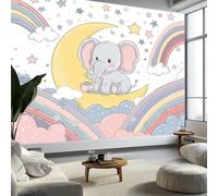 Cartoon Moon Stars Little Elephant Murals White Photo Wallpaper, Non-Woven Wall Murals for Bedroom Living Room Decor 300x210cm Kids Room Background Wall Decorative (Not Self-Adhesive)