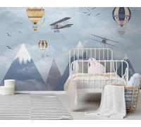 Cartoon Mountain Peaks Aeroplane Hot Air Balloon Flying Bird 3D Wallpaper Easy Install Feature Office Living Room Sofa Bedroom TV Background Wall Decoration-350cm×256cm