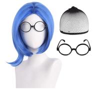 Cartoon Movie Characters Wig Accessories 3pcs,Short Blue Sad Girl Bob Hair Cosplay Wigs,Black Round Glasses Frame,Anime Role Play Costume Wig With Wig Cap Fancy Dress Accessory For Party