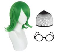 Cartoon Movie Characters Wig Accessories 3pcs,Short Green Dis-gust Hair Cosplay Wigs,Black Round Glasses Frame,Anime Role Play Costume Wig With Wig Cap Fancy Dress Accessory For Party