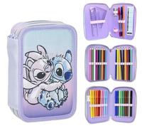 CARTOON Multi-compartment pencil case with 3 zips for school complete pens pencils colours markers, Stitch&angel, 12,5 x 6,5 x 19,5 cm, Case