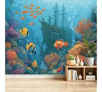 Cartoon Mural Wallpaper 300 x 210 cm (WxH), Seabed Shipwreck Coral Fish Pattern Non-Woven Photo Wallpaper Home Decor, Blue Art Mural Wall Decor for Bedroom Nursery Living Dining Room