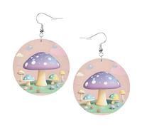 Cartoon Mushroom Prints Leather Round Earrings Pendant Stylish And Light Lightweight Dangle For Women Girls, One Size, Leather, No Gemstone