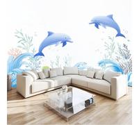 Cartoon Natural Animal Dolphin Waves Coral Wall Mural 250 x 175 cm Optic White Non-Woven Photo Wallpaper, Large Wall Covering for Living Room & Bedroom, Paste the Wall