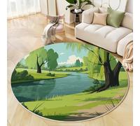 Cartoon Natural Scenery Round Rug 180cm, Machine Washable Low Pile River Willow Tree Printed Circle Area Rug, Non Slip Non Shedding Green Carpet, for Bedroom Nursery Entryway Bathmat