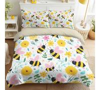 Cartoon Nature Duvet Cover Set Double Light Yellow - Reversible Bee Leaf 4 Piece Complete Bedding Set with Fitted Sheet Pillowcase - Soft Easy Care Microfibre Quilt Cover set