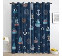 Cartoon Nautical Blackout Curtains for Bedroom, Sailboat Anchor Short Curtain 54 Inch Drop 2 Panels, Kids Boys Curtain for Living Room, Window Curtains with Eyelet