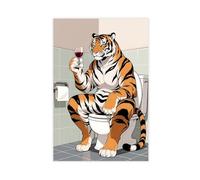 Cartoon Northeast Tiger Sitting on The Toilet Drinking Red Wine Canvas Poster Wall Art Print Picture Paintings 24x36inch(60x90cm)