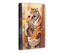 Cartoon Northeast Tiger Sitting on The Toilet Drinking Red Wine Canvas Poster Wall Art Print Picture Paintings 12x18inch(30x45cm)