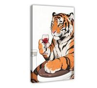 Cartoon Northeast Tiger Sitting on The Toilet Drinking Red Wine Canvas Poster Wall Art Print Picture Paintings 24x36inch(60x90cm)