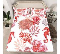 Cartoon Ocean Marine Nautical Bedding Sheets Coral Seahorse Bed Sheet Set Kids Boys Girls Sea Underwater Creature Bedding Fitted Sheet Sealife Red Bed Cover 2Pcs Single Size
