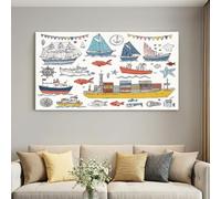 Cartoon Ocean Theme Canvas Wall Art 90L x 60W cm Canvas Poster Artwork Framed, Sailing Boat Canvas Picture for Bathroom Bedroom Living Room Walls, with Hooks and Nails