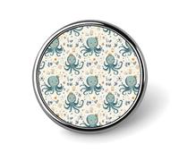 Cartoon Octopus Blue Print Round Brooch Pins Sublimation Buttons for Hat Clothing Decoration, Metal Circle Badge Lapel Pin for Men Costume Accessory