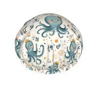 Cartoon Octopus Blue Print Shower Caps for Women, Reusable Double Layers Elastic Band Long Hair Bath Caps for Shower