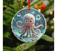 Cartoon Octopus Christmas Ornaments - Round Christmas Tree Decorations with Red String, Winter Holiday Keepsake Pendant for Fireplace, Mantel, Wreath Holiday Party Decor (3.1 Inch)