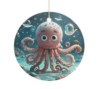 Cartoon Octopus Double-Sided Ceramic Christmas Ornaments - Round Hanging Mini Xmas Tree Decorations, Ideas for Farmers, Rustic Home Decor for Indoor Outdoor Tree Decor