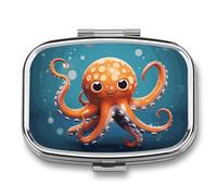 Cartoon Octopus Pill Box 2 Compartment Portable Travel Pill Case with Mirror Square Metal Medicines Storage Container Pocket Medicine Box to Hold Vitamins Fish Oil