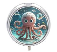 Cartoon Octopus Pill Box - 3 Compartment Travel Pill Organizer with Small Mirror, Portable Pillcase for Pocket & Purse, Cute Round Medicine Case, Weekly Medicine Container