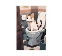 Cartoon of A Japanese Cat Sitting on A Toilet Canvas Poster Bedroom Decor Landscape Decor Gift 16x24inch(40x60cm)