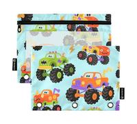 Cartoon Off-Road Vehicle Blue Binder envelopes with Clear Window Large Pencil Bags Big Capacity Three Ringing Binder for Storing School Office Supplies Multicolored 2 PCS