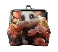 Cartoon Opossum and Roses Coin Purse for Women, Small PU Leather Change Purse with Kiss Lock, Vintage Coin Wallet Card Holder, Mini Coin Pocket Pouch Change Holder for Travel, Party