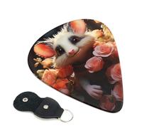 Cartoon Opossum and Roses Guitar Picks 6 Pcs, 0.46mm Thickness Celluloid Plectrum with Leather Picks Holder, Personalized Guitar Pick for Bass Electric Acoustic Guitars Lovers Gift